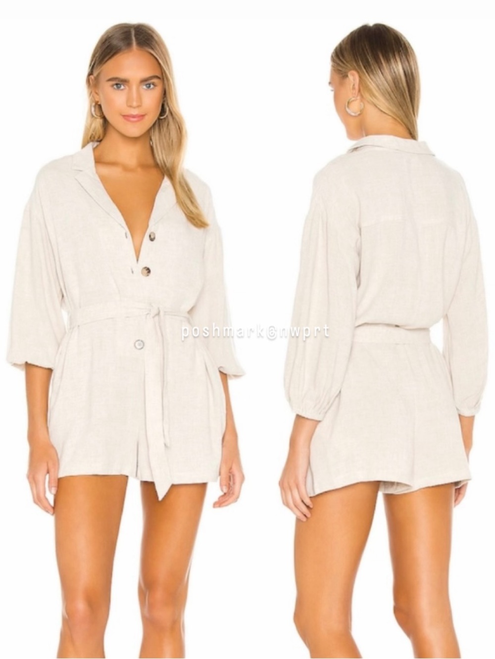 MINKPINK Alyssa Playsuit Linen Belted Romper Shorts Beige Khaki XS 0 2 Revolve